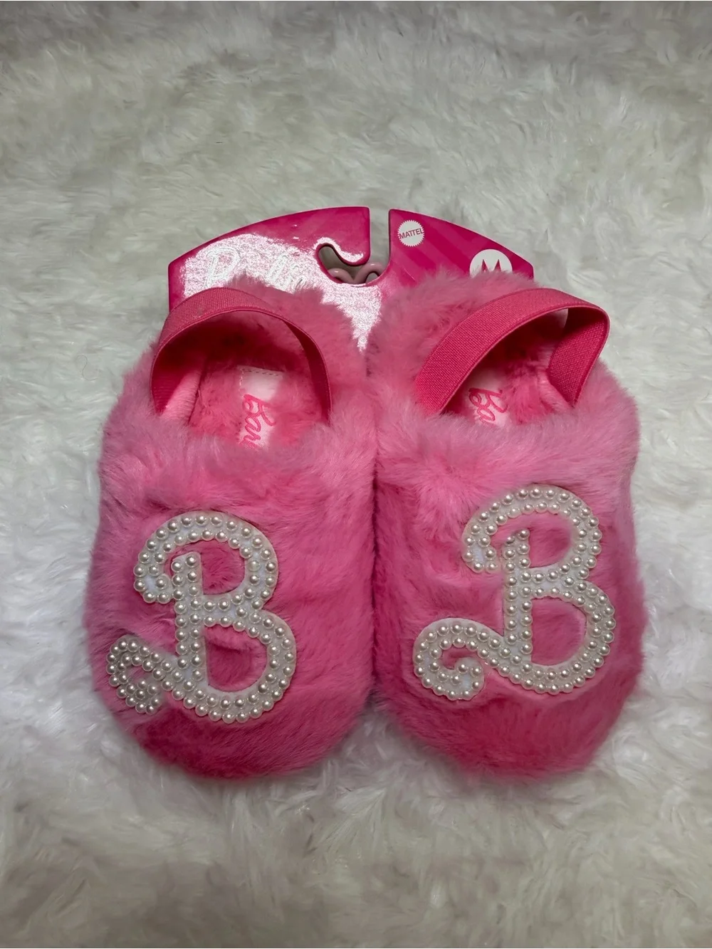 Barbie Pink Pearl 'B' Fuzzy Kids Slippers